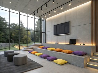 The photograph showcases a contemporary entertainment space, emphasizing the interplay of concrete textures, vibrant color accents, and abundant natural light.