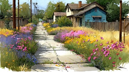 Vibrant Wildflowers Blooming Along a Sunny Suburban Street
