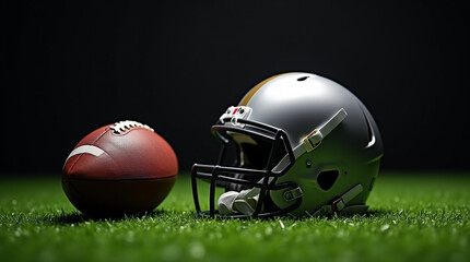 Close-up of American football helmet and ball lying on green turf