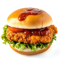 Crispy Chicken Sandwich with Lettuce, Tomato, and Sauce on a Bun