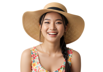 Happy Young Woman Wearing Summer Hat on Transparent background