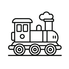 A black and white outline drawing of a vintage steam train with smoke billowing from its chimney, depicted on a simple track.