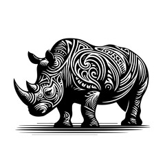 Stylized Black and White Rhinoceros Tribal Art.