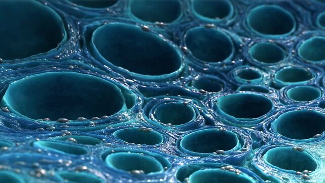 Crosssectional health animation depicting vascular permeability increase and plasma flooding interstitial spaces emphasizing translucent aqua fluid buildup in body layers.