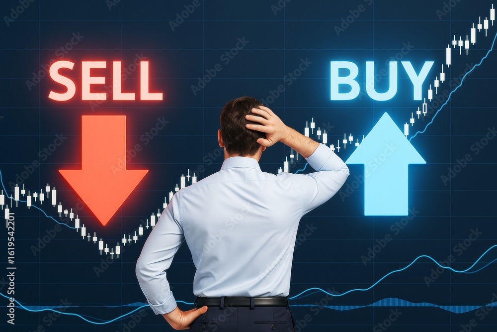 Poster businessman confused between buy and sell decisions in stock trading concept with financial chart ba