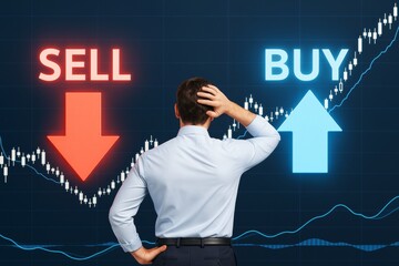Businessman confused between buy and sell decisions in stock trading concept with financial chart background and glowing light arrows..