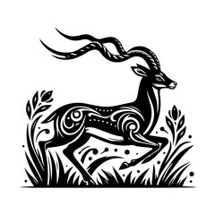 Stylized Black Antelope with Ornate Horns and Swirls.