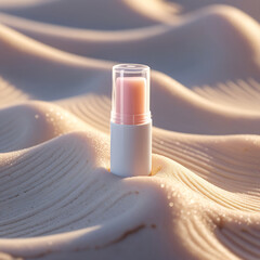 Minimalist glass bottle on rippling sand dunes with warm sunset light.