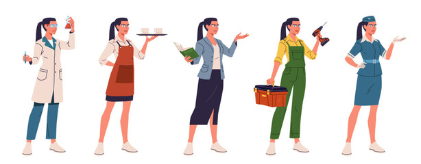 Happy young woman in various professions. Laboratory assistant, teacher, waitress, stewardess, handyman, stewardess. Modern flat cartoon illustration isolated on white background