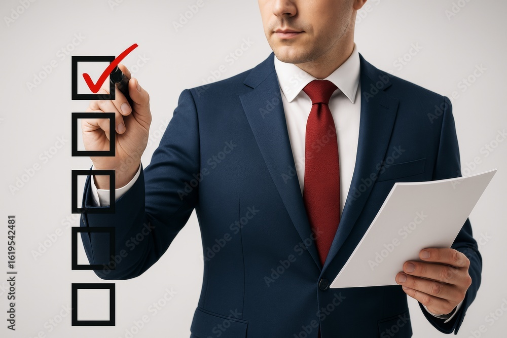 Poster businessman marking checklist with red tick while holding document on light background, symbolizing 