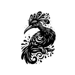 Stylized Black Bird with Ornate Crest and Tail Feathers.