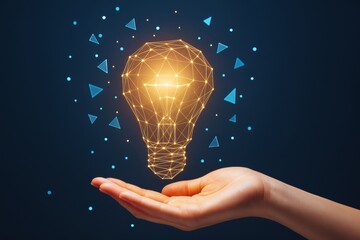 Glowing polygonal lightbulb above human hand with blue geometric particles on dark background symbolizing innovation and business concept.