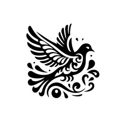 Stylized Black Bird with Ornate Swirls and Drops.