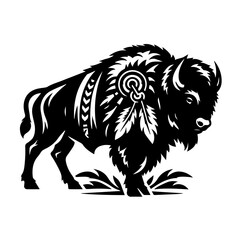 Stylized Black Bison with Native American Headdress and Feathers.