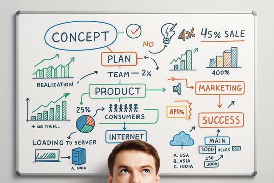 Business concept strategy plan and marketing process with graphs and diagrams on whiteboard background, viewed above man's head in light setting.