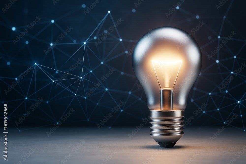 Poster glowing light bulb symbolizing innovation and ideas on futuristic abstract tech background with conn