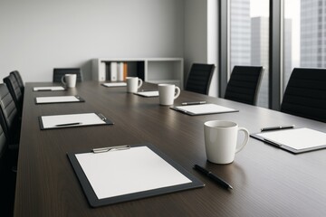 Modern business meeting room with empty chairs, clipboards, pens, and coffee mugs on a wooden table in bright office background.