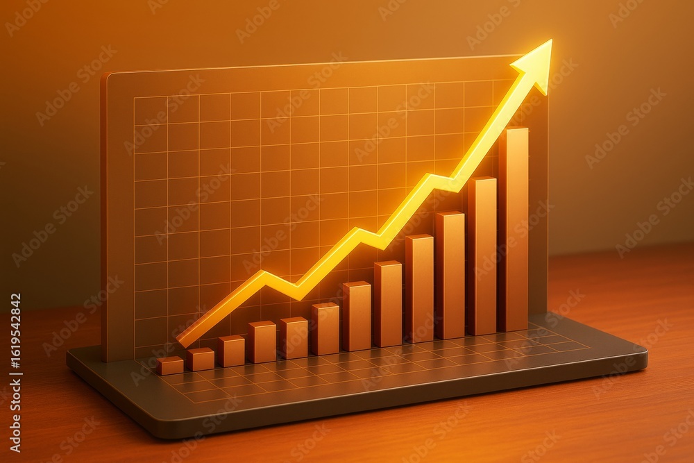 Poster glowing yellow arrow and bar chart on laptop screen symbolizing business growth on warm background i