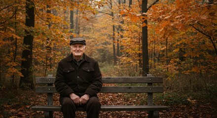 Senior Man Sitting on Bench in Autumn Forest with Orange Leaves