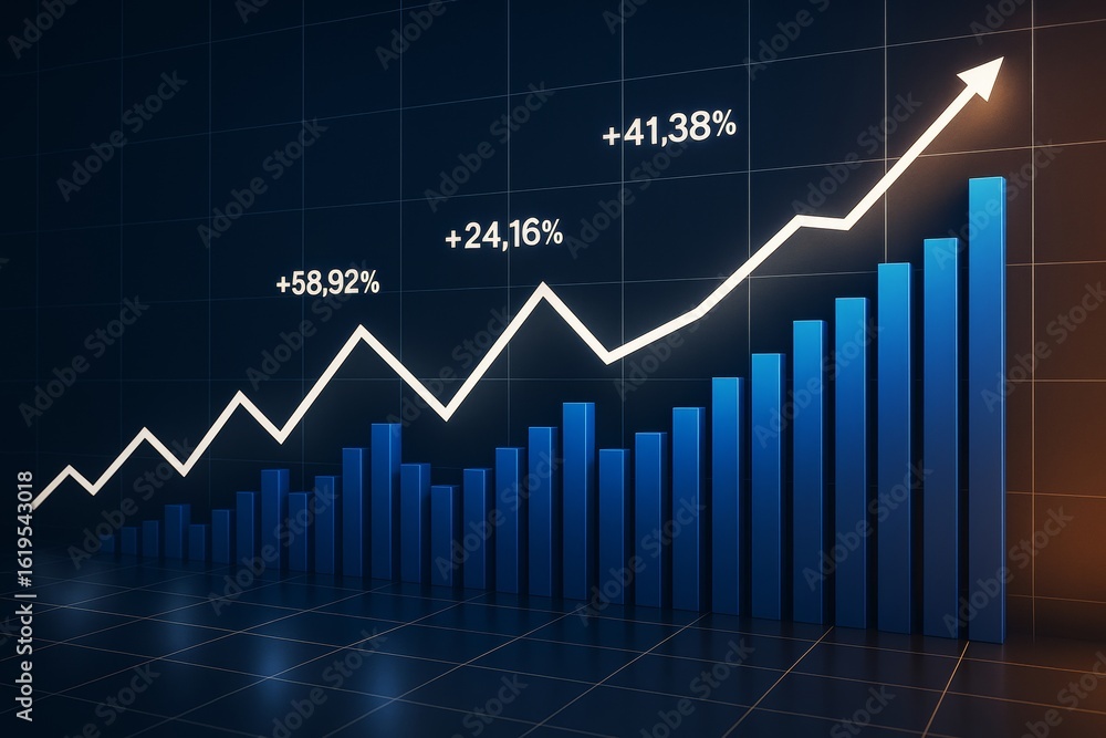 Aufkleber business growth chart with glowing line and bar graph on dark background showing percentage increase