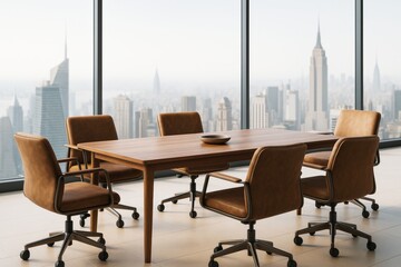 Fototapeta premium Modern business meeting room with wooden table and leather chairs in high-rise office with panoramic city view in soft daylight atmosphere.
