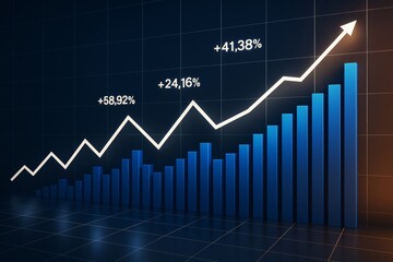 Business growth chart with glowing line and bar graph on dark background showing percentage increase in financial performance over time.