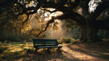 Bench sitting in park beneath old oak, sun shining through foliage, for relaxation