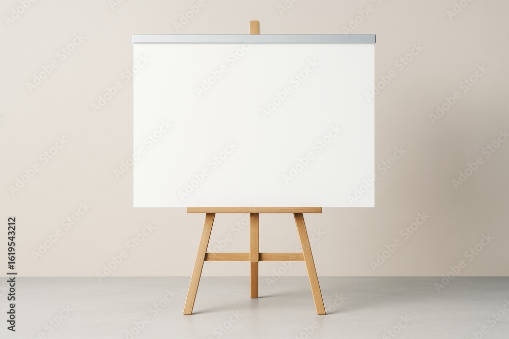 Poster blank white canvas on wooden easel in minimal studio setting for creative mockup or presentation tem