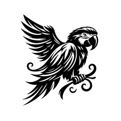 Stylized Black Macaw Parrot Perched on Branch.