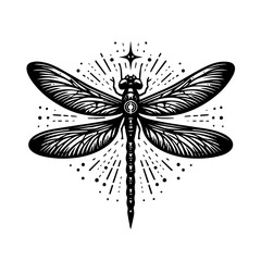 Stylized Black Silhouette Dragonfly with Cosmic Rays.
