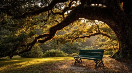 Bench under large tree in sunlit park, relaxation, peaceful background. Nature scene