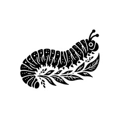 Stylized Black Silhouette of a Caterpillar with Leaves.