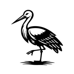 Stylized Black Silhouette of a Stork Standing on One Leg.