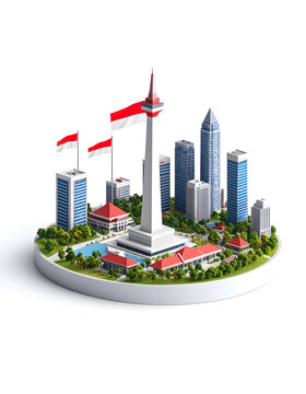 Miniature 3D diorama of Jakarta, Indonesia, showcasing the National Monument, modern architecture, and flags on a circular base.