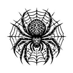 Stylized Black Spider with Intricate Web Design.