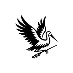 Stylized Black Stork in Flight with Feather Detail.