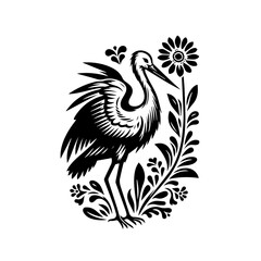 Stylized Black Stork with Flower and Leaves.