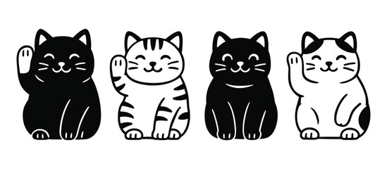 Cute maneki neko vector illustration with four lucky cats in different colors and poses