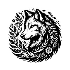 Stylized Black Wolf Head with Floral Elements.