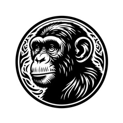 Stylized Chimpanzee Head Emblem Black and White.