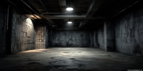Ein 3D-gerenderter dunkler, schmuddeliger Industriekellerraum mit einer dezenten weißen Hintergrundtextur bietet die Kulisse für Fotografie und Bildbearbeitung. Industrie Vintage
