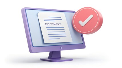 Computer screen displaying a document with a large red checkmark icon signifying approval or completion