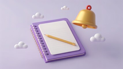 A whimsical 3d illustration of a purple spiral notebook with a yellow pencil and a golden bell floating among fluffy white clouds against a soft lavender background symbolizing education and learning
