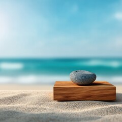 Stone on wooden platform beach scene
