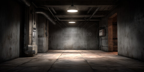 Ein 3D-gerenderter dunkler, schmuddeliger Industriekellerraum mit einer dezenten wei&szlig;en Hintergrundtextur bietet die Kulisse f&uuml;r Fotografie und Bildbearbeitung. Industrie Vintage