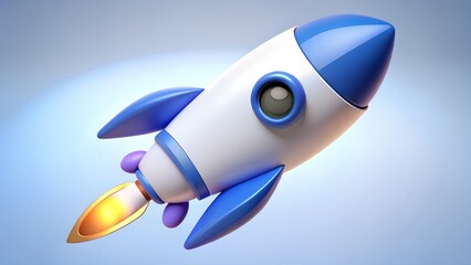 Whimsical 3d cartoon rocket ship with blue and white design blasting off with fiery exhaust against a soft blue background