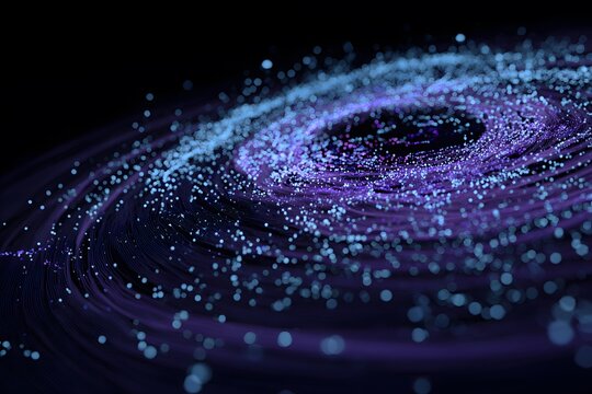 A digital artwork of an abstract, swirling vortex made up entirely from blue and purple data points, representing the vastness of information in cyberspace. 