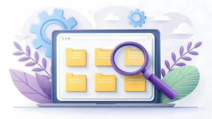 Digital data organization and search concept with a laptop displaying files and a magnifying glass examining information