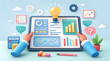 Hands holding a tablet displaying financial charts and graphs with a bright idea lightbulb above