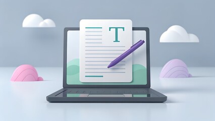 Creative writing concept with a laptop displaying a document and a pen surrounded by whimsical clouds and abstract shapes